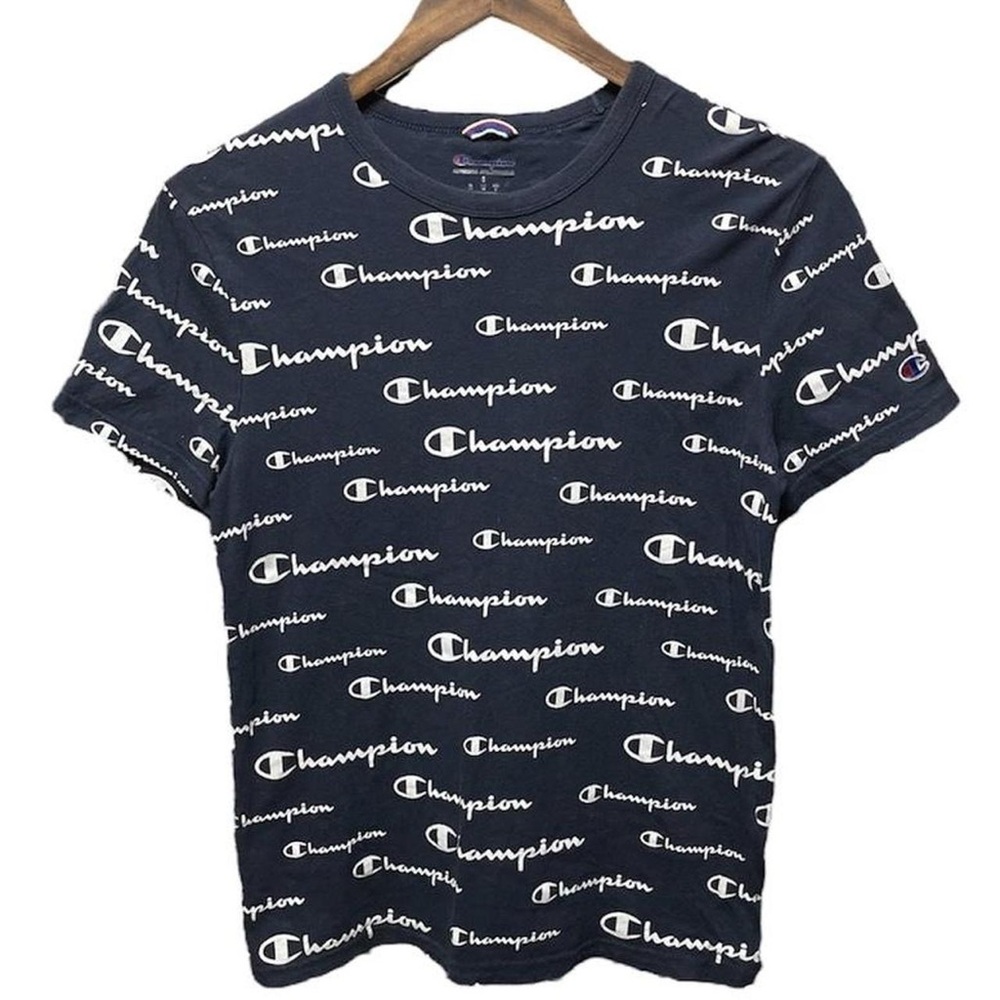champion navy blue AOP top with white text short sleeve crewneck casual T-Shirt